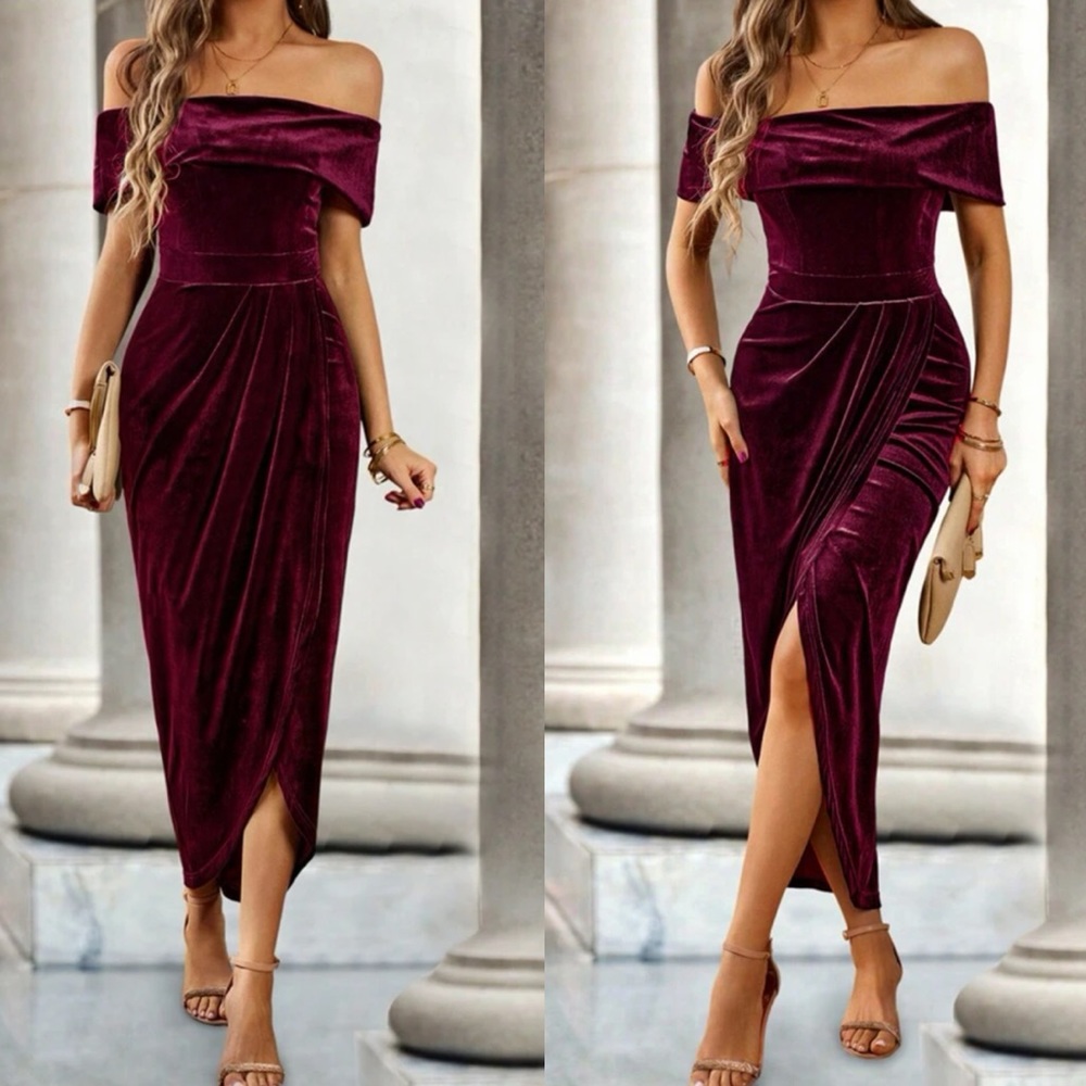 Luxe off shoulder wrap party prom wedding gown velvet  dress